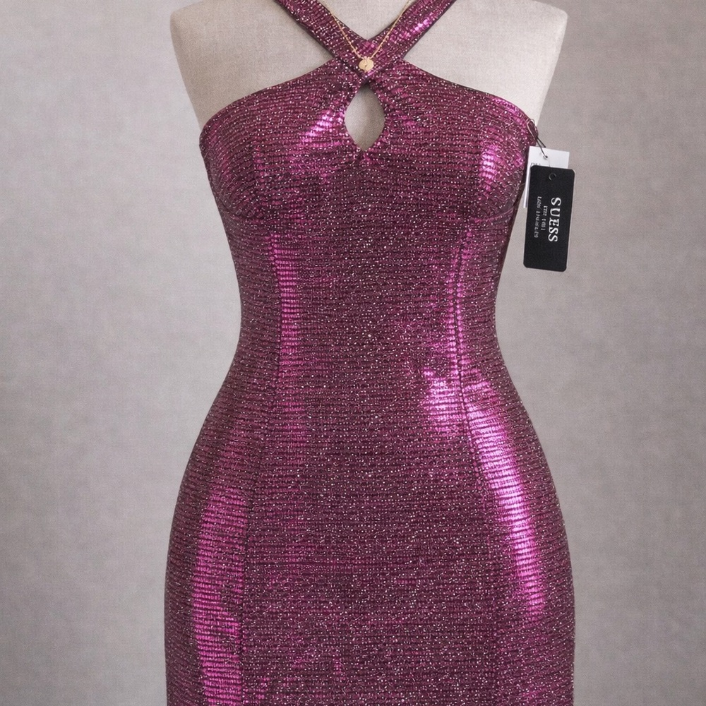 Guess Strapless Shimmery Magenta Bodycon Dress
